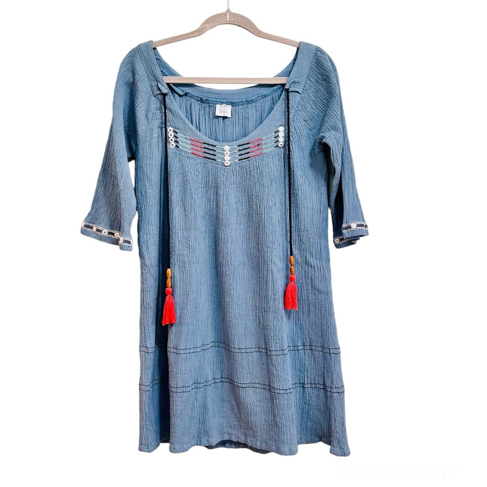 Anthropologie Mer St. Barth blue crepe dress, embroidery and tassels, size small